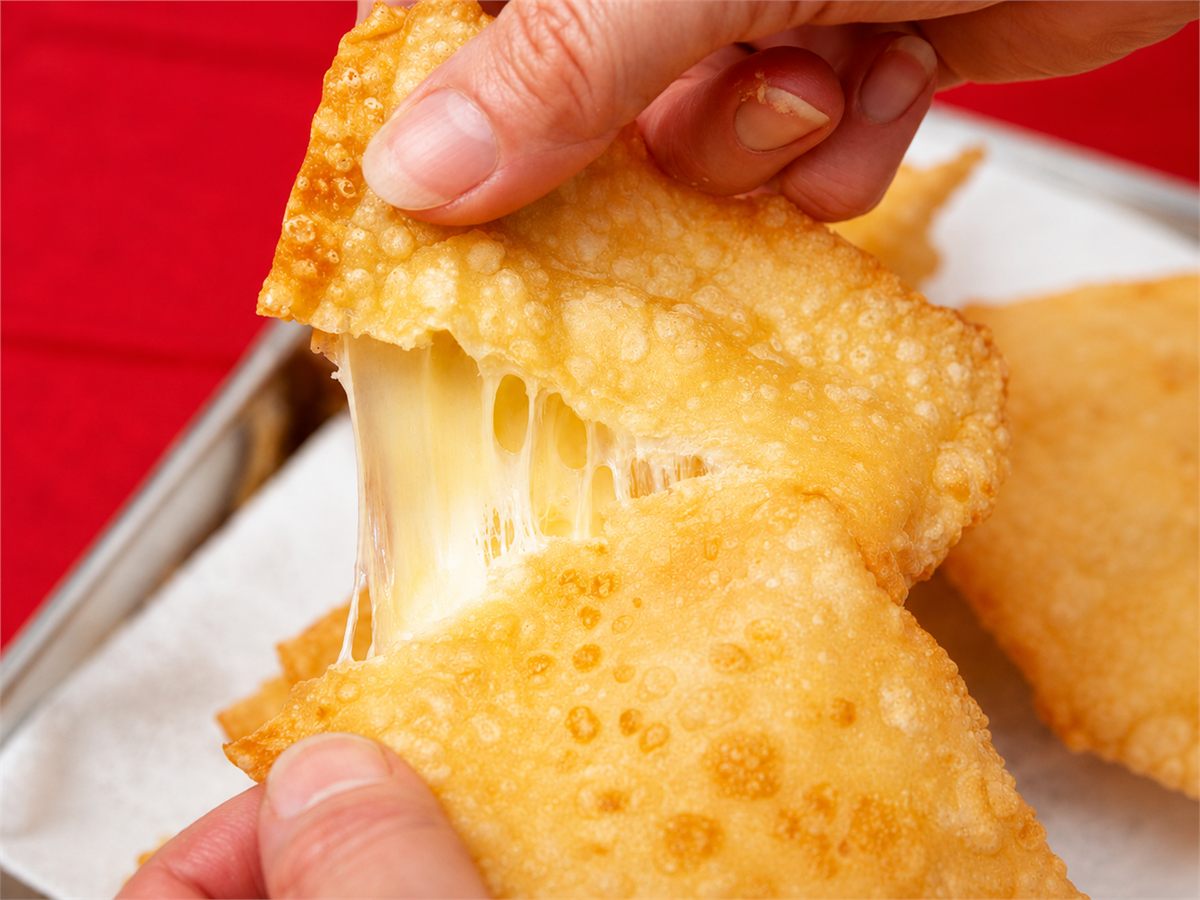 Pastel de queijo aberto mostrando o recheio.